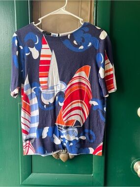 Talbots Navy Sailboat Graphic Tee with Red, Blue & White Accents